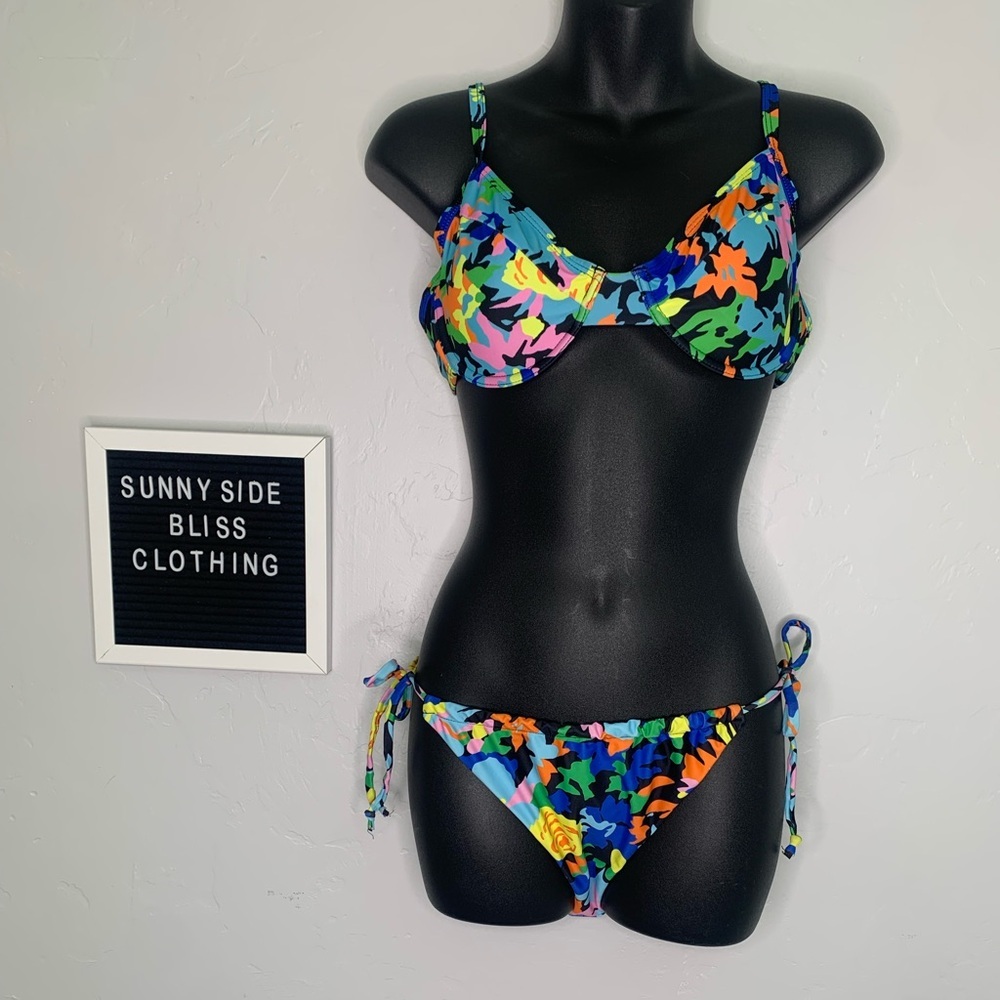 Refuge Colorful Print Underwire Bikini Set S/M Adjustable Tie Swimwear
